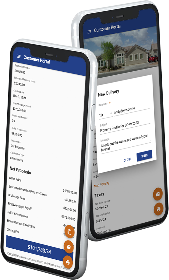 Customer portal for net proceeds calculator and property profiles.